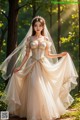 a woman in a wedding dress standing in the woods