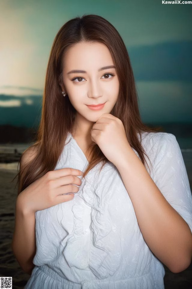 A woman in a white dress posing for a picture.