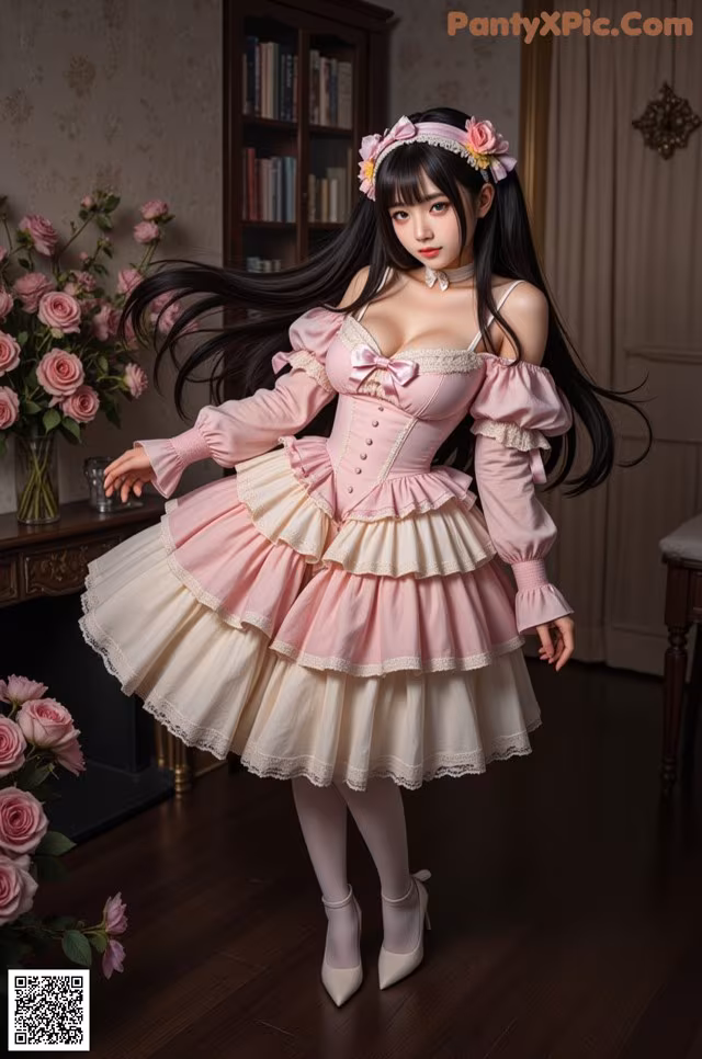 A woman in a pink and white dress posing for a picture.