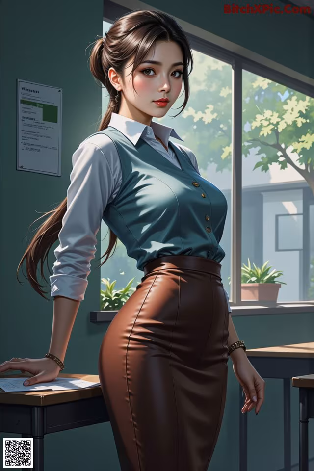 A woman in a brown leather skirt standing in front of a window.