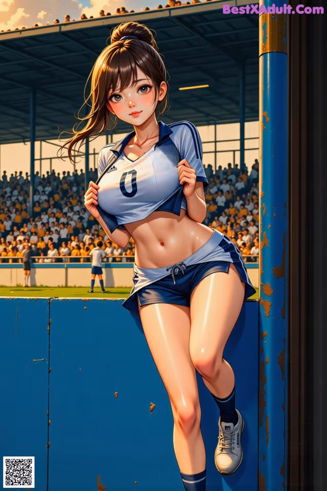 A woman in a blue and white uniform leaning against a wall.