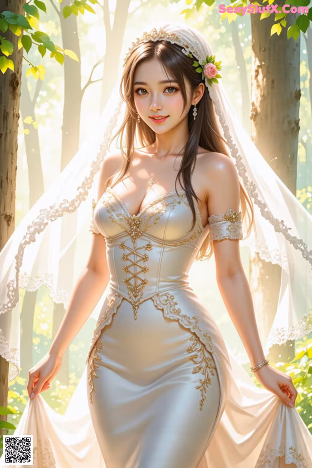 A woman in a wedding dress standing in the woods.