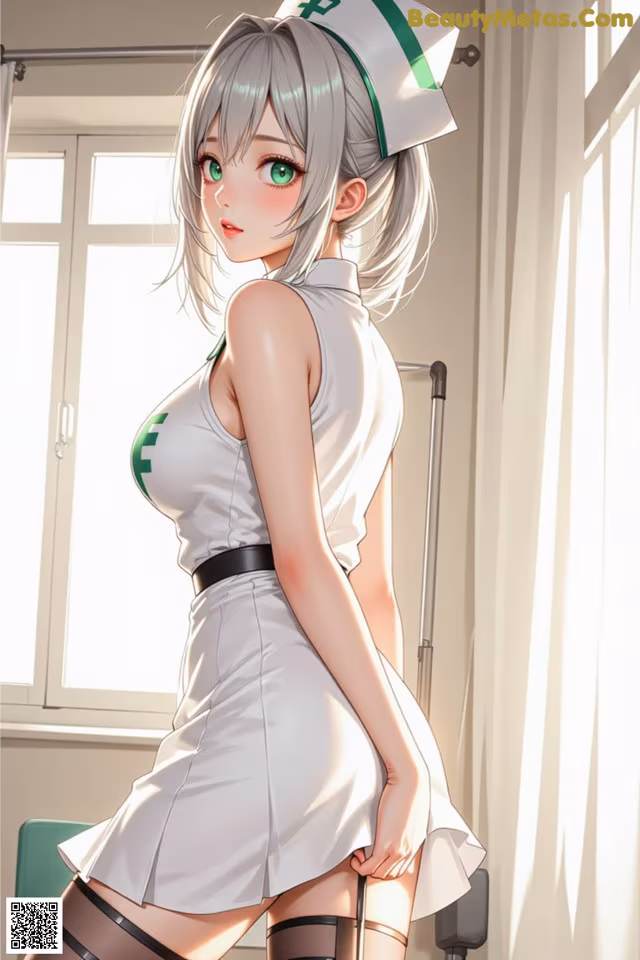 A woman in a nurse outfit is posing for a picture.