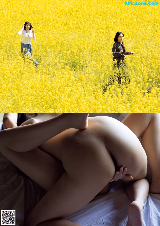 A woman laying on a bed in a field of yellow flowers.