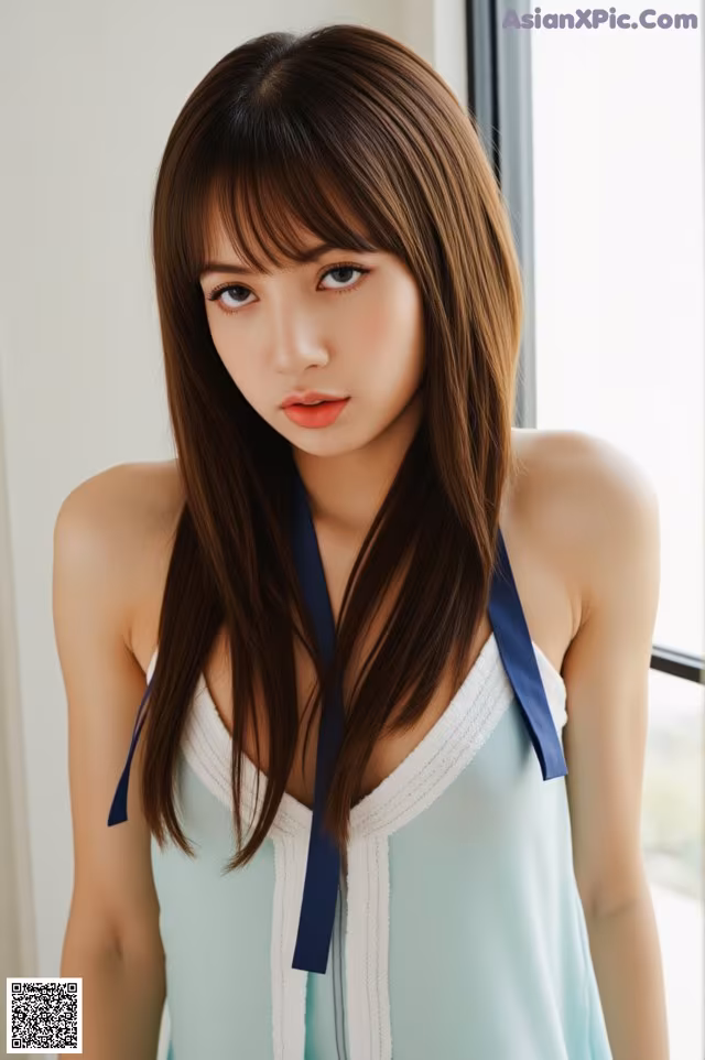 A woman with long brown hair wearing a blue dress.