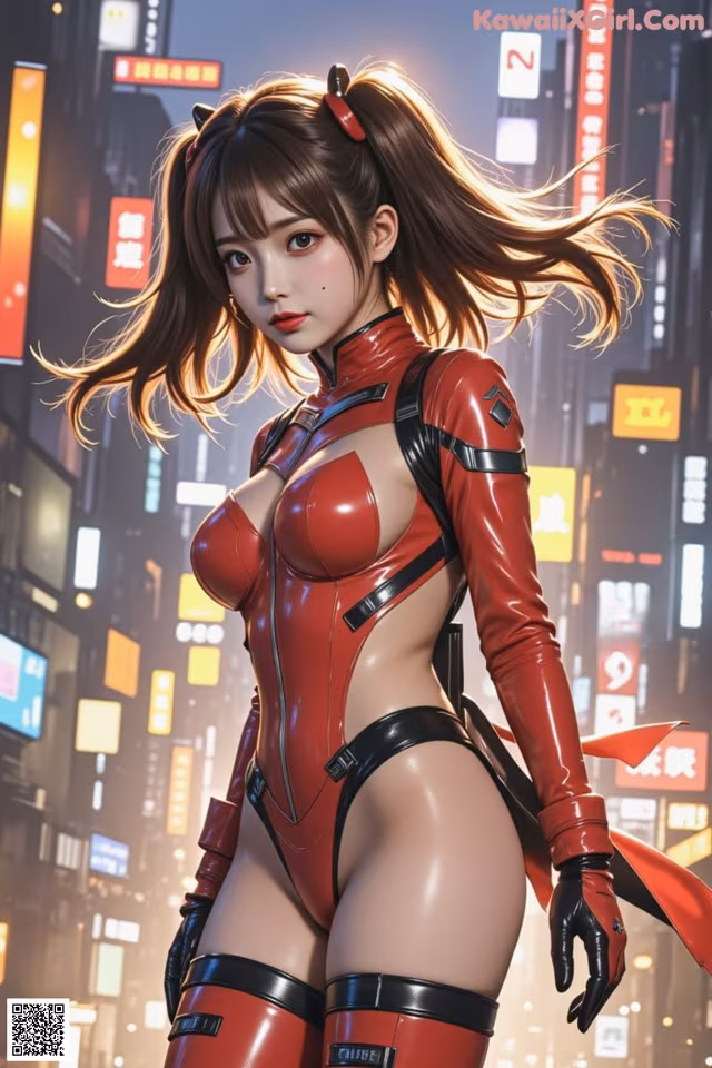 A woman in a red and black outfit standing in a city.