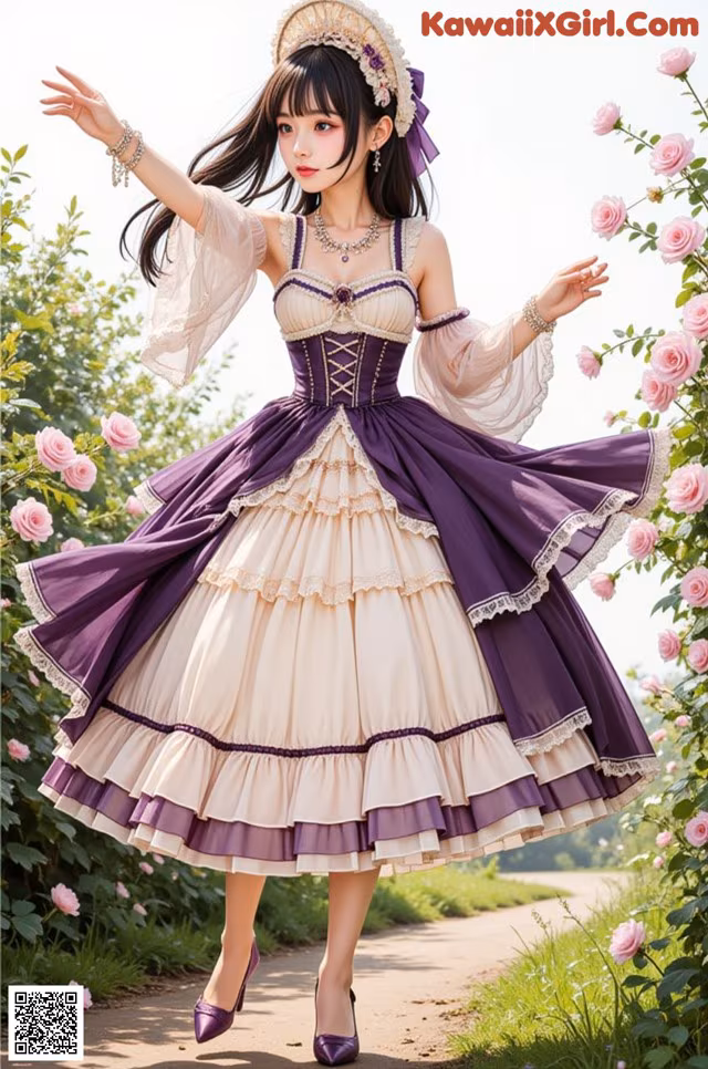 A woman in a purple and white dress standing in a garden.